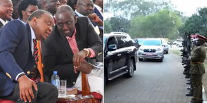 Former President Uhuru Kenyatta and President William Ruto engaging at a prayer event in 2019 (left) and Ruto arriving at the Sagana State Lodge on August 5, 2023 (right)
