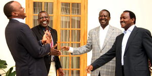 From left: Former President Uhuru Kenyatta, President William Ruto, Former Prime Minister Raila Odinga and Wiper leader Kalonzo Musyoka at State House on April 13, 2013.