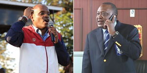 A photo collage of digital strategist Dennis Itumbi during the launch of youth programmes in Muranga County on July 10, 2023 (left) and President Uhuru Kenyatta on a phonecall in his office on October 11, 2029 (right)