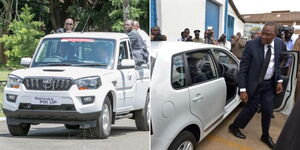 A photo collage of former President Uhuru Kenyatta driving a Mahindra Pickup on March 9, 2020 (left) and alighting from a Volkswagen saloon car in Thika on December 16, 2016 (right).