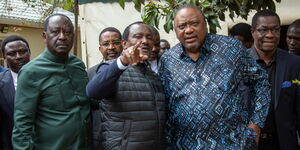 Wiper leader Kalonzo Musyoka interacting with Former Prime Minister Raila Odinga and Former President Uhuru Kenyatta at the SKM in Karen on July 28 2023.