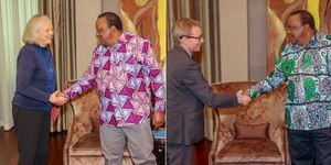 Former President Uhuru Kenyatta meeting US Ambassador to Kenya Meg Whitman (left) and British High Commissioner to Kenya Nei Wigan on December 9, 2023. 