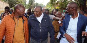 Former President Uhuru Kenyatta and Jubilee Party Secreatry General Jeremiah Kioni at the Jubilee Party headquarters on April 26, 2023. 