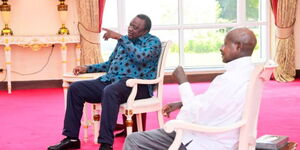 An image of Former President of Kenya Uhuru Kenyatta and Ugandan President Yoweri Museveni during a meeting held on February 7