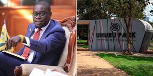 Nairobi Governor Jonson Sakaja at his office on October 25, 2023, and a renovated entrance of Uhuru Park in the CBD.