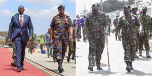President William Ruto together with the Chief of Defence Forces Francis Ogolla at the KDF Day at Embakasi Garrison on October 14, 2023 (left) and former President Uhuru Kenyatta donning military regalia alongside former Chief of Defence Forces Robert Kibochi at Kahawa Garrison in Kiambu County on October 16, 2021 (right) 