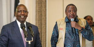 President William Ruto presides over Kenya Kwanza's Parliamentary Group meeting at State House, Nairobi on April 11, 2023 (left) and his predecessor Uhuru Kenyatta addresses the 90-member A.U. observer mission to Nigeria on February 22, 2023. 