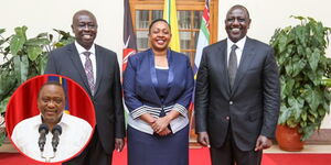 President William Ruto, Deputy President Rigathi and Jubilee Nominated MP Sabina Chege at State House on January 23, 2023, and Former President Uhuru Kenyatta addressing the nation in 2021 (in red circle).