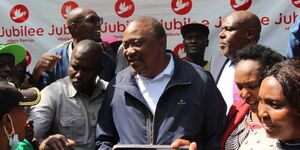 President Uhuru Kenyatta addressing the media at Jubilee Party headquarters on April 26, 2023.