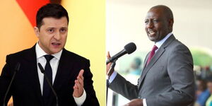 Photo collage of Ukrainian President Volodymyr Zelenskyy and President William Ruto speaking during Labour Day celebrations on Monday May 1, 2023