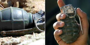 Undated photo of a grenade on the ground (left) and another held (right)