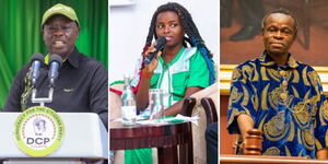 A Photo collage of Rigathi Gachagua, Truphena Muthoni and PLO Lumumba