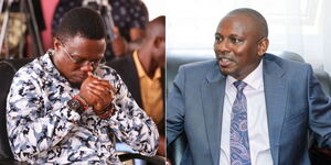 Left, CS Sports Ababu Namwamba, right, Majority Leader Kimani Ichung'wa