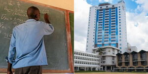 Collage of a teacher in session and on the right, the University of Nairobi towers