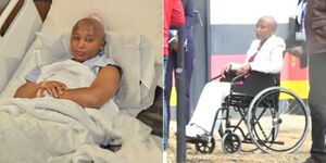 Left, Jane Maina admitted in Nairobi Hospital, right, Jane Maina being wheeled into the Kerugoya DCI offices
