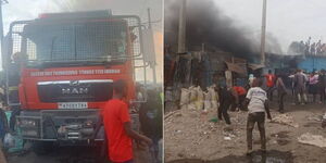 Fire brigade from the Nairobi City County, right, Mathare youths pelting stones at them from a far on Monday, August 21