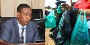 Left, NEMA boss Mamo Boru, right, plastic bags used for business