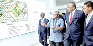 From left is Transport and Housing CS James Macharia, PS Charles Hinga, President Uhuru Kenyatta and Machakos Governor Alfred Mutua on January 17, 2020 during the launch of Habitat Heights project in Athi River.