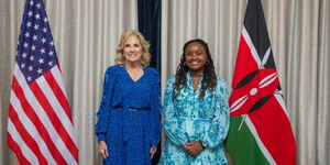 US First Lady Jill Biden (left) and Food4Education founder Wawira Njiru (right) at the US embassy in Kenya on March 22, 2023
