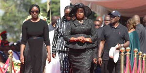 A section of former Prime Minister Raila Odinga's extended family led by Mama Ida Odinga (in black dress) during Odinga's burial ceremony in Bondo, Siaya on Sunday, October 19, 2025.