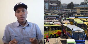 A photo collage of Victor Hamisi speaking on August 7, 2022 (left) and Matatu parked at a stage in Nairobi CBD (right).