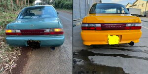 The before and after photo of the restored Toyota Corolla. 