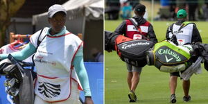 A photo collage of Virginia Njeri during a tournament in March 2023 (left) and caddies at a golf tournament in the US on November 2022 (right).