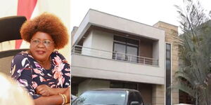 Photo collage of Water Cabinet Secretary Alice Wahome and a mansion in Karen valued at Ksh120 million