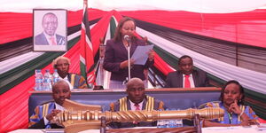 Kirinyaga Governor Anne Waiguru addresses MCAs on September 20, 2017.