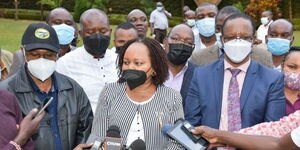 Kirinyaga Governor Ann Waiguru addressing the media following a meeting with Kirinyaga leaders on Tuesday, September 14.