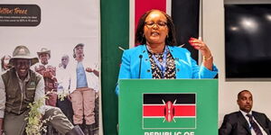 Council of Governors Chairperson Anne Mumbi Waiguru addresses the EAC COP 28 event held at the Kenya Pavilion on December 6, 2023. 