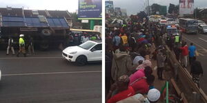A collage photo of the accident at Waiyaki Way after a lorry overturned on March 4