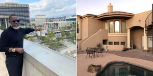 A photo collage of Roots party leader George Wajackoyah and his mansion in the United States of America. 