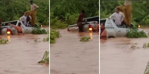 A section of Wajir MCAs stuck in flood waters after heavy downpour in the region on November 4, 2023