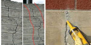 A photo collage of a cracked wall (left) and a wall being waterproofed using injection of resin (right).