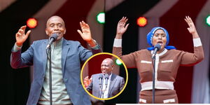 A photo collage of President William Ruto, Kiambu Governor Kimani Wamatangi and Thika Town MP Alice Ng'ang'a, December 14, 2025.