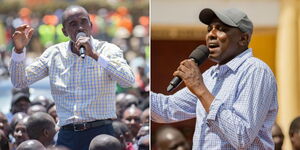 A photo collage of Kiambu Governor Kimani Wamatangi (left) and Kikuyu MP Kimani Ichung'wah addressing Kimabu residents during the President's tour in February 2024.