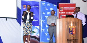 Wanja Michuki (left) presenting the Be Bold’s Systemic Family Business Team Coaching, Governance and Financial Advisory program alongside Sammy Mwangi and Professor David Wangombe at Strathmore University on March 29, 2018. .