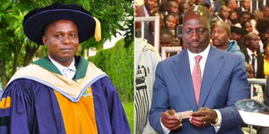 National Registration Bureau head Christopher Kinyua Wanjau at his PhD graduation from Karatina University (left) and President William Ruto looking at a sample of Maisha Number at KICC on August 2023.