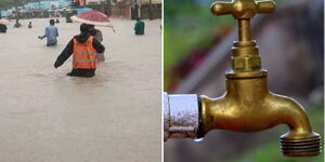 Collage of a flooded residential area and a water tap.