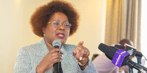 Water CS Alice Wahome addresses the media during a meeting with investors to discuss the construction of 100 Public-Private Partnerships dams on May 18, 2023. 