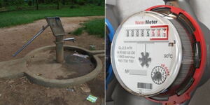 A photo collage of a water pump (left) and a water meter.