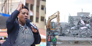 A photo collage of Machakos Governor Wavinya Ndeti speaking in Mavoko on October 18, 2023 (left) and demolitions at the contested East Africa Portland Land Cement. 