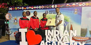 The trio of the Kenya Navy Sailing team, Cpt. Robinson Kiplangat, Lt. Jackson Ndibo, and Lt. Catherine Mutuku, during the closing ceremony of the 14th edition of the Admiral’s Cup at the Indian Naval Academy in Ezhimala, India, on December 14, 2025.