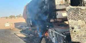 A UN convoy truck on flames after an attack in North Sudan, June 3, 2025.