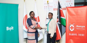 From Lef: Susan Mwihaki, Deputy Secretary General, Kenya Red Cross Society with Linda Ndungu, Country Manager, Bolt at the Kenya Red Cross offices on May 13, 2024
