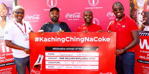 From Left: CEO of Coastal Bottlers Kenya Seth Adu-Baah, Ksh 1 Million Winner Samuel Gitonga, content creator Crazy Kennar and Coca-Cola Kenya Franchise Director Theuri Chege during the cheque presentation to one of the winners of the Kachingching na Coke campaign.