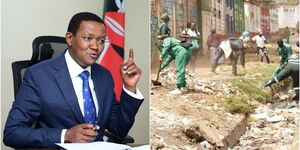 A collage of CS of Labour Alfred Mutua alongside casual workers.