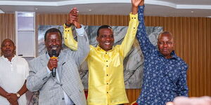 Joab Manyasi (right) with Musalia Mudavadi (left) and David Ndakwa (centre) at an event in Kakamega on November 23, 2025