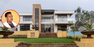 A photo collage of Labour CS Florence Bore and a mansion in Karen, Nairobi valued at Ksh120 million. 